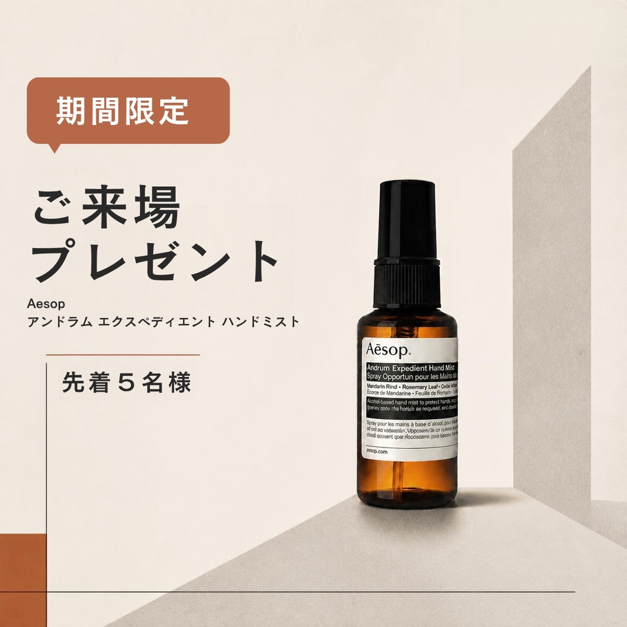 期間限定 ご来場プレゼント Aesop アンドラム エクスペディエント ハンドミスト 先着5名様